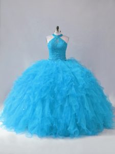 Sleeveless Floor Length Beading and Ruffles Lace Up Party Dress Wholesale with Blue