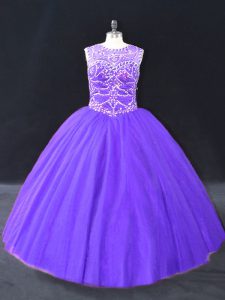 Traditional Sleeveless Tulle Floor Length Lace Up 15th Birthday Dress in Purple with Beading