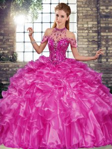 Beading and Ruffles Quinceanera Gowns Fuchsia Lace Up Sleeveless Floor Length