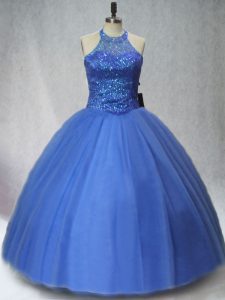 Fashionable Blue Halter Top Neckline Beading Ball Gown Prom Dress Sleeveless Lace Up