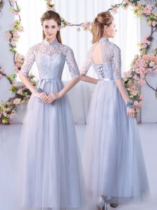 Custom Design Grey High-neck Neckline Lace Court Dresses for Sweet 16 Half Sleeves Lace Up