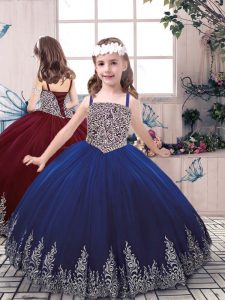 Blue Lace Up Little Girls Pageant Gowns Beading and Embroidery Sleeveless Floor Length