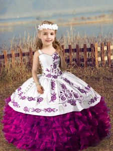 Fuchsia Sleeveless Embroidery and Ruffles Floor Length Little Girls Pageant Gowns