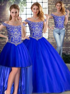 Custom Designed Off The Shoulder Sleeveless Tulle Ball Gown Prom Dress Beading Brush Train Lace Up