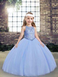 Fancy Light Blue Ball Gowns Beading Little Girl Pageant Gowns Lace Up Tulle Sleeveless Floor Length