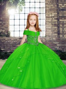 Super Green Ball Gowns Tulle Straps Sleeveless Beading Floor Length Lace Up Little Girls Pageant Dress Wholesale