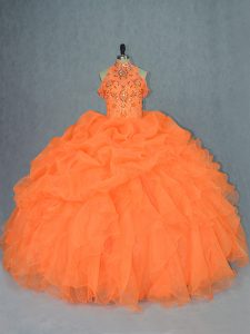 Orange Organza Lace Up High-neck Sleeveless Floor Length Quince Ball Gowns Beading and Ruffles