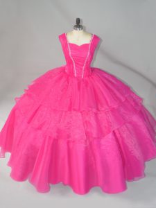Custom Fit Organza Straps Sleeveless Lace Up Beading 15 Quinceanera Dress in Hot Pink