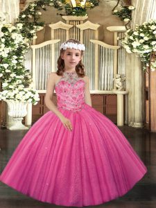 Floor Length Lace Up Little Girl Pageant Dress Hot Pink for Party and Wedding Party with Appliques