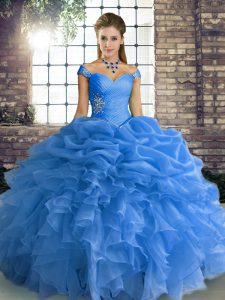Blue Ball Gowns Off The Shoulder Sleeveless Organza Floor Length Lace Up Beading and Ruffles and Pick Ups Quinceanera Dresses