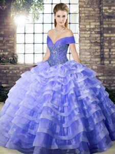 Luxurious Lavender Organza Lace Up Off The Shoulder Sleeveless Sweet 16 Dresses Brush Train Beading and Ruffled Layers