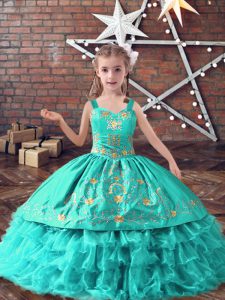 Turquoise Pageant Dress for Womens Wedding Party with Embroidery and Ruffled Layers Straps Sleeveless Lace Up