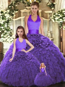 Customized Ruffles Quinceanera Dresses Purple Lace Up Sleeveless Floor Length