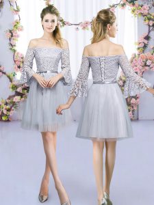 Fantastic Lace and Belt Quinceanera Dama Dress Grey Lace Up 3 4 Length Sleeve Mini Length