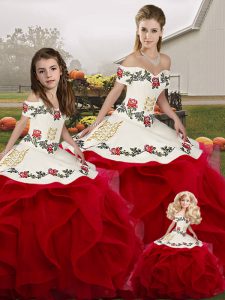 Modern Floor Length Ball Gowns Sleeveless White And Red 15 Quinceanera Dress Lace Up