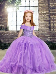 Latest Straps Sleeveless Child Pageant Dress Floor Length Beading Lavender Tulle