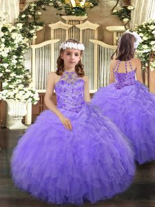Lavender Halter Top Lace Up Beading and Ruffles Little Girl Pageant Gowns Sleeveless