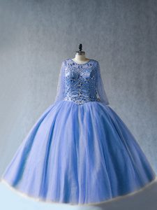 Fine Blue Lace Up Scoop Beading Quinceanera Gown Tulle Long Sleeves