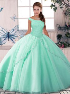 Apple Green Tulle Lace Up Sweet 16 Quinceanera Dress Sleeveless Brush Train Beading