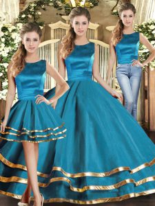 Great Ruffled Layers Quinceanera Gowns Teal Lace Up Sleeveless Floor Length