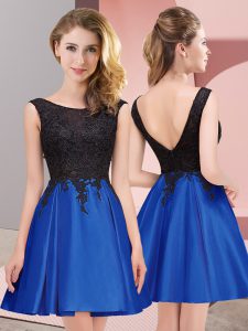 Classical Royal Blue A-line Scoop Sleeveless Satin Mini Length Zipper Lace Damas Dress