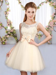 Amazing Mini Length Lace Up Quinceanera Court of Honor Dress Champagne for Wedding Party with Lace and Bowknot