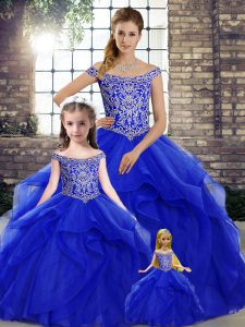Sumptuous Ball Gowns Sleeveless Royal Blue Quinceanera Gown Brush Train Lace Up