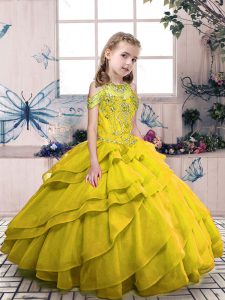 Custom Fit Sleeveless Floor Length Beading and Ruffled Layers Side Zipper Glitz Pageant Dress with Olive Green