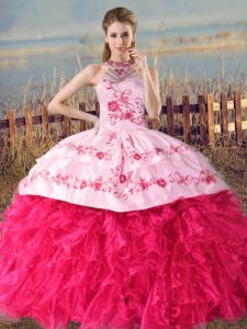 Sleeveless Embroidery and Ruffles Lace Up Sweet 16 Quinceanera Dress with Hot Pink Court Train