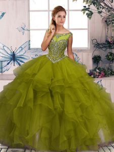 Olive Green Ball Gowns Scoop Sleeveless Organza Floor Length Zipper Beading and Ruffles Quinceanera Dress