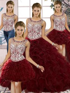Elegant Beading and Ruffles 15 Quinceanera Dress Burgundy Lace Up Sleeveless Floor Length