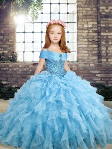 Organza Sleeveless Floor Length Kids Pageant Dress and Beading and Ruffles