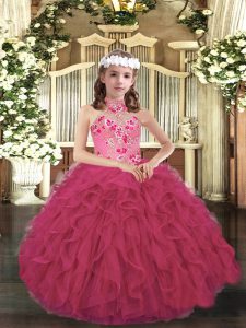 Hot Pink Ball Gowns Halter Top Sleeveless Organza Floor Length Lace Up Appliques and Ruffles Little Girls Pageant Dress Wholesale