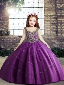 Purple Straps Lace Up Beading Little Girl Pageant Dress Sleeveless