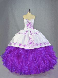 Sleeveless Organza Brush Train Lace Up Quince Ball Gowns in Purple with Beading and Ruffles