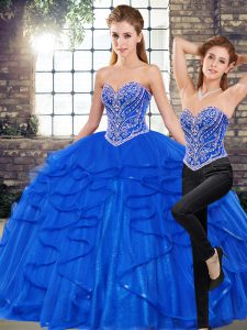 Custom Made Sweetheart Sleeveless Tulle Quinceanera Gowns Beading and Ruffles Lace Up
