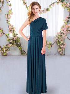 Fine One Shoulder Sleeveless Quinceanera Court of Honor Dress Floor Length Ruching Teal Chiffon