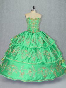 Fantastic Green Satin and Organza Lace Up Sweetheart Sleeveless Floor Length Quinceanera Gown Embroidery and Ruffled Layers