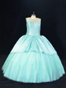 Aqua Blue Ball Gowns Scoop Sleeveless Satin and Tulle Floor Length Lace Up Beading Sweet 16 Dresses