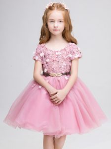 Pink Tulle Lace Up Scoop Short Sleeves Mini Length Little Girl Pageant Gowns Lace and Belt