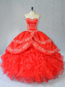 Floor Length Ball Gowns Sleeveless Red Quinceanera Gown Side Zipper