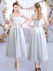 Custom Fit Silver Empire Appliques Quinceanera Court Dresses Lace Up Satin Cap Sleeves Tea Length