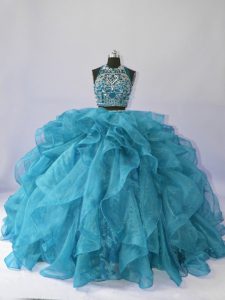 Teal Backless Halter Top Beading and Ruffles Quince Ball Gowns Organza Sleeveless Brush Train