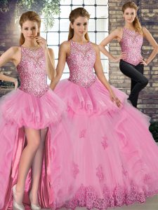 Cheap Sleeveless Lace Up Floor Length Lace and Embroidery and Ruffles Quince Ball Gowns