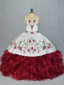 Smart White And Red Sweetheart Neckline Embroidery and Ruffles Vestidos de Quinceanera Sleeveless Lace Up