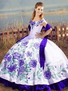 Floor Length White And Purple Sweet 16 Dresses Satin and Organza Sleeveless Embroidery and Ruffles