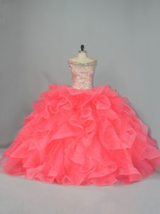 Watermelon Red Ball Gowns Organza Off The Shoulder Sleeveless Beading and Ruffles Lace Up Sweet 16 Dresses
