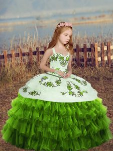 Sleeveless Floor Length Embroidery and Ruffled Layers Lace Up Kids Pageant Dress with Green
