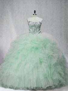 Simple Strapless Sleeveless Tulle Ball Gown Prom Dress Beading and Ruffles Brush Train Lace Up