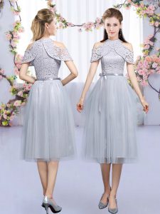 Custom Designed Tea Length Grey Court Dresses for Sweet 16 Tulle Sleeveless Lace and Belt